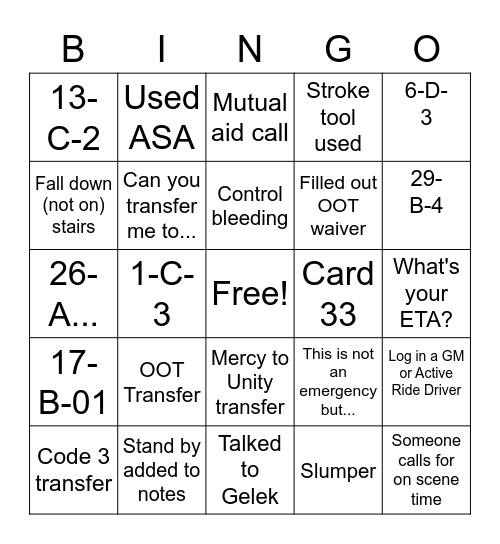 Call Taker Bingo Card