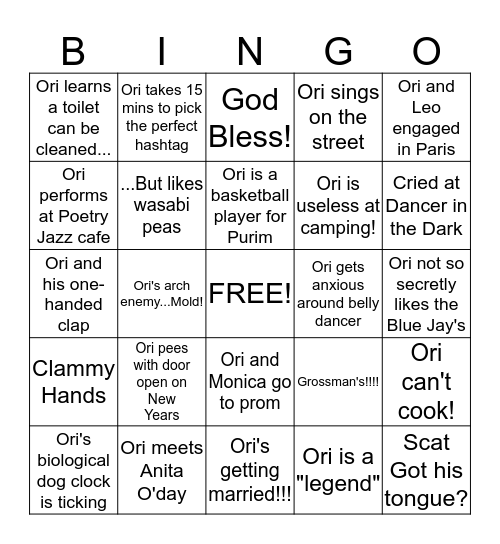 Ori Is Getting Married Bingo Card