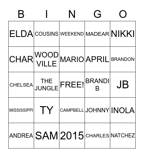 COUSIN WEEKEND 2015 Bingo Card