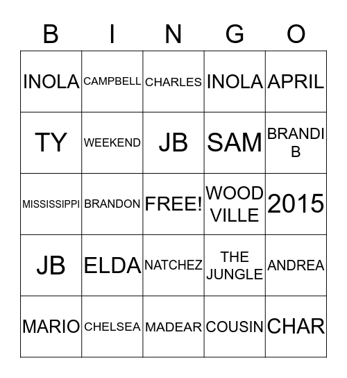COUSIN WEEKEND 2015 Bingo Card