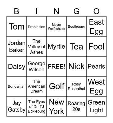 The Great Gatbsy Bingo Card