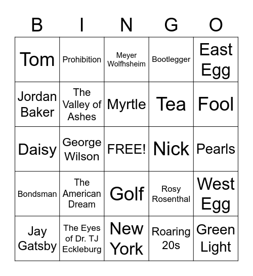 The Great Gatbsy Bingo Card