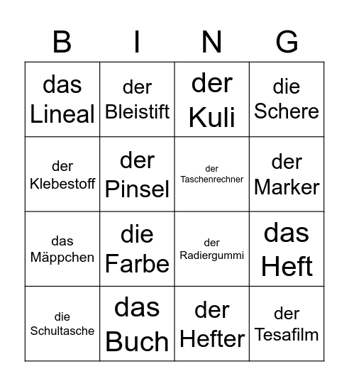 Schulsachen Bingo Card