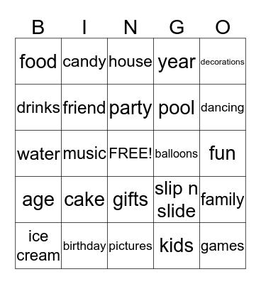 birthday party Bingo Card