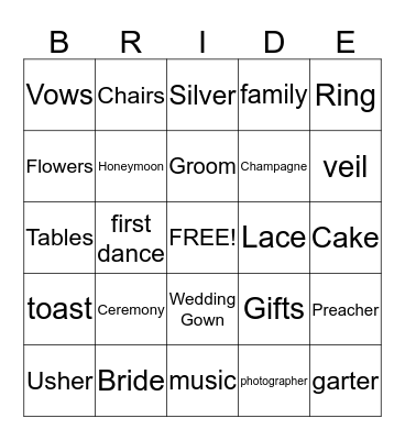Bridal Shower Bingo  Bingo Card