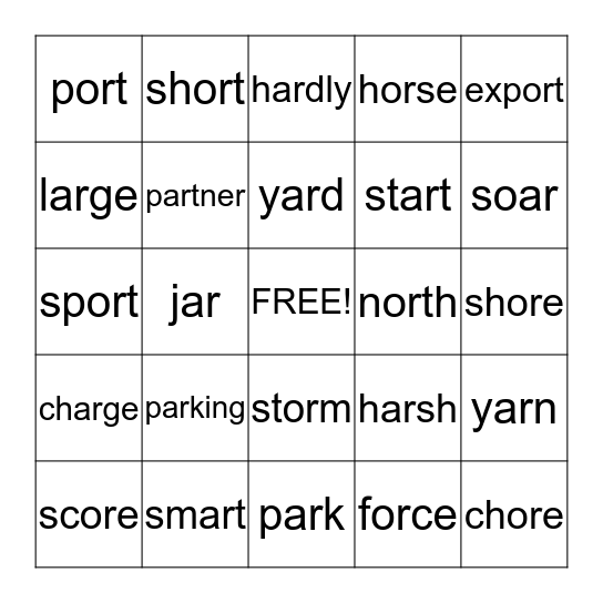 OR, AR, OAR, ORE Vowels Bingo Card