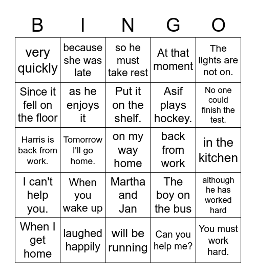 Phrase, Independent Clause or Dependent Clause Bingo Card