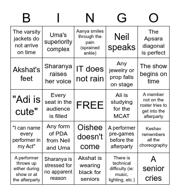 SASA Cultural Show 2022 Bingo Card