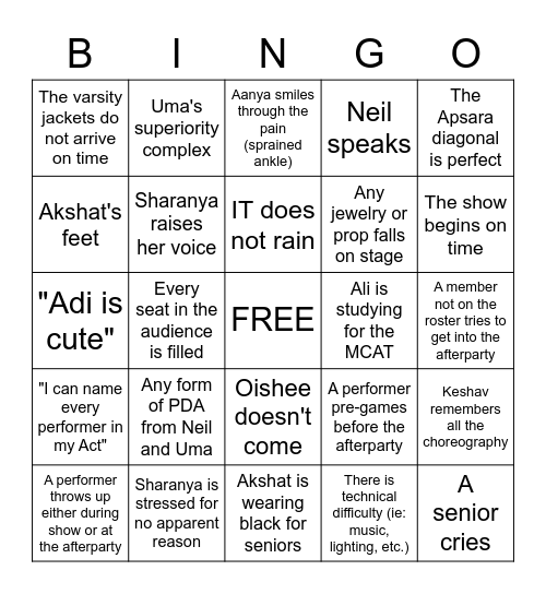 SASA Cultural Show 2022 Bingo Card