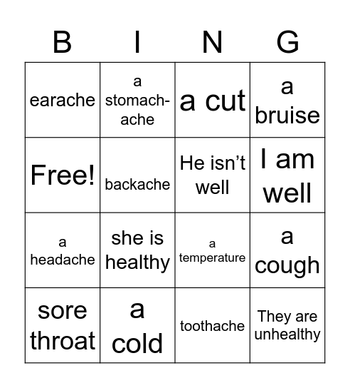 ILLNESS Bingo Card