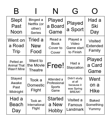 Spring Break Bingo Card