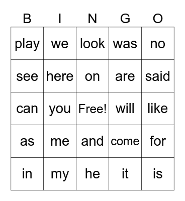 Sight Words Bingo Card