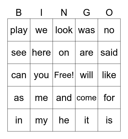 Sight Words Bingo Card