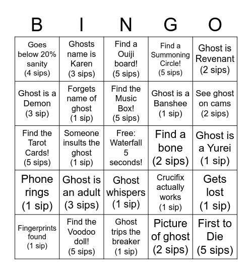 Phasmo Drinking Game Bingo Card