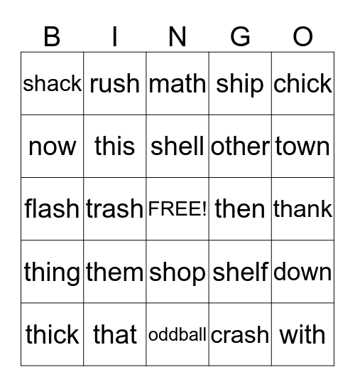 sh and th Word Sorts Bingo Card