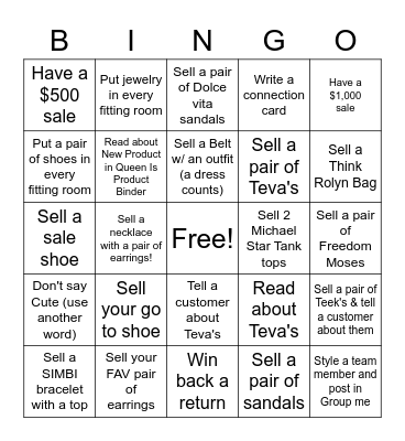 Shoe/Accessories Challenge Bingo Card