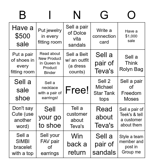 Shoe/Accessories Challenge Bingo Card