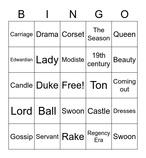 Bridgerton Bingo Card