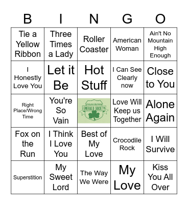1970's Music Bingo Card