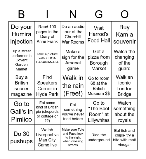 Koa's London Adventure Bingo Card