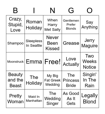 Romantic Comedies Bingo Card
