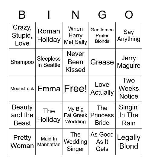 Romantic Comedies Bingo Card