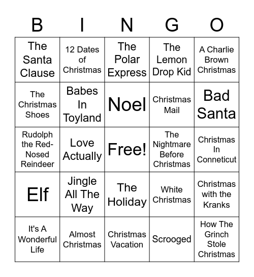 Christmas Movies Bingo Card