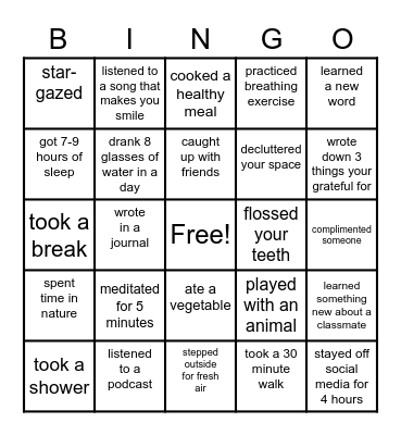 Wellness Bingo Card