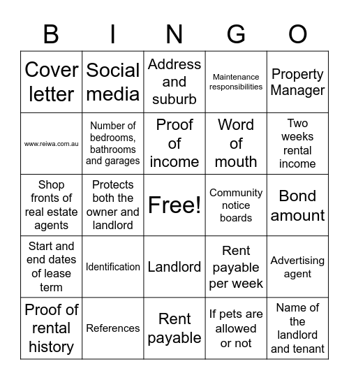 Rental Contracts Bingo Card