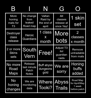 Lost Ark Roadmap Bingo Card