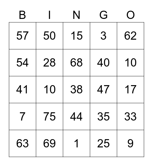 Nessetti Round 1 [Numbers] Bingo Card