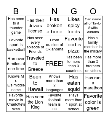 Mr. E's Bingo Game Bingo Card