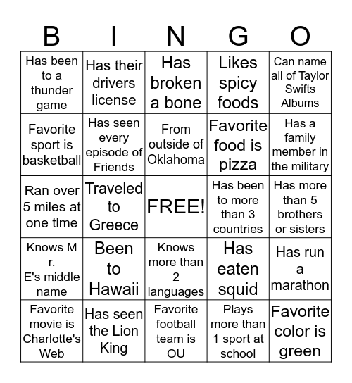 Mr. E's Bingo Game Bingo Card