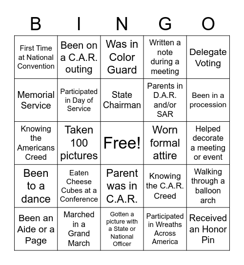 C.A.R. Experiences Bingo SE Bingo Card