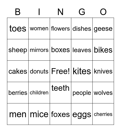 Plurals Bingo Card