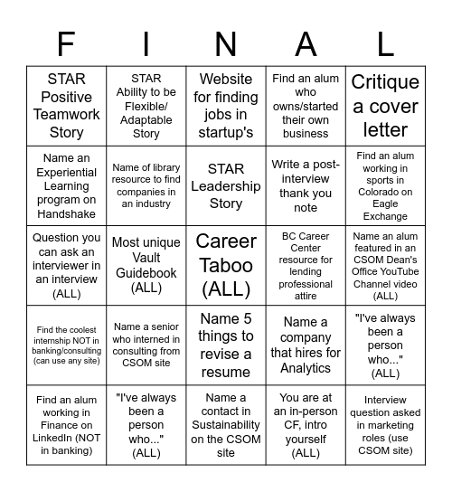 Career Accelerator BINGO Card
