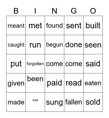 irregular verbs Bingo Card