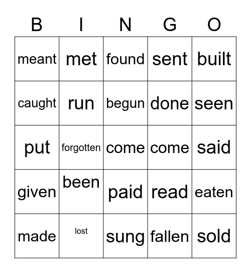 irregular verbs Bingo Card