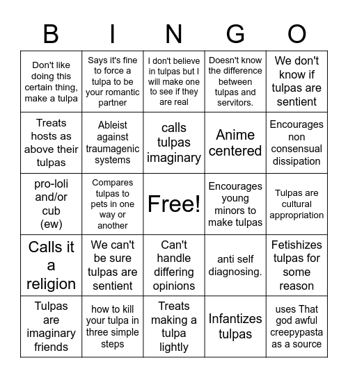 Bad tulpa resource Bingo Card