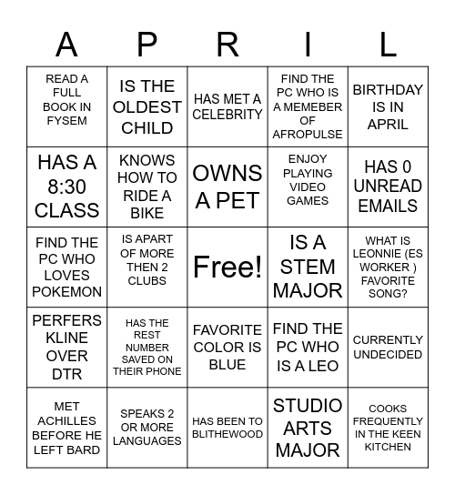 APRIL KEEN BINGO Card