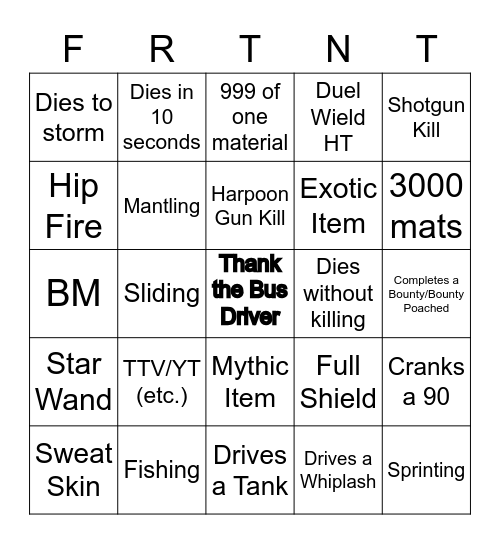 Fortnite Spectator Bingo Card