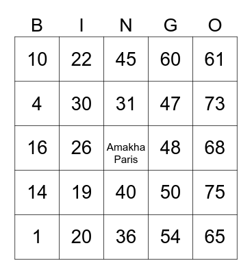 Bingo Amakha Paris Bingo Card