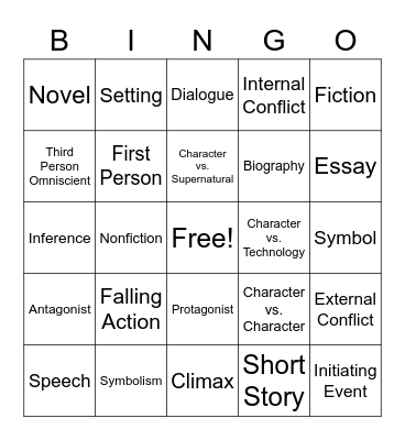 Literary Vocabulary Bingo Card