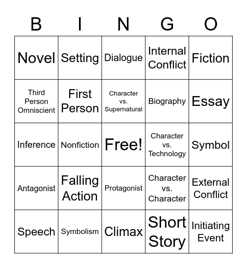 Literary Vocabulary Bingo Card