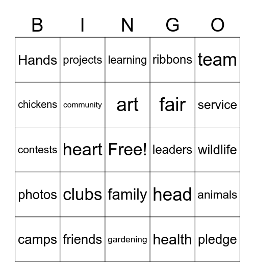 RRR 4H Bingo Card