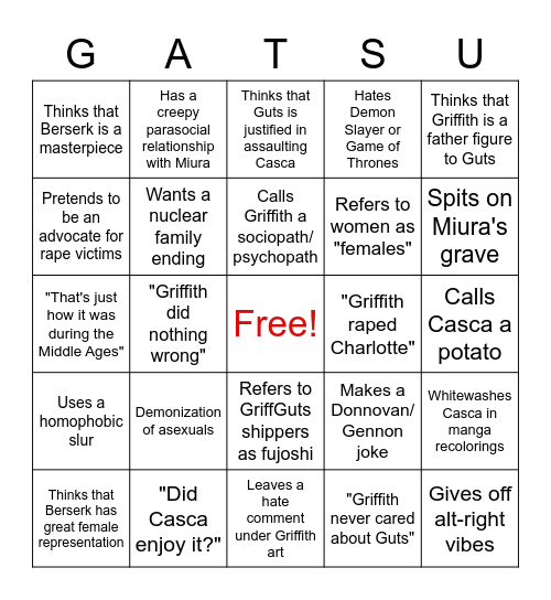 Berserk Dudebro Bingo Card