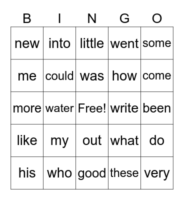 sight words Bingo Card