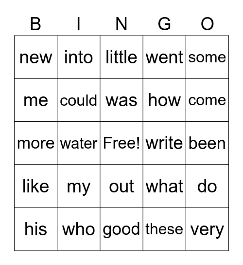 sight words Bingo Card