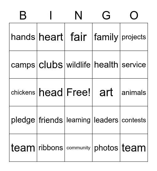 RRR 4-H Bingo Card