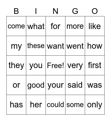 sight words Bingo Card